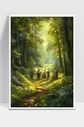 森林中阳光洒落下的古典乐团演奏场景