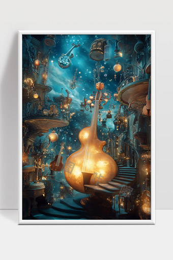 梦幻音乐世界中的悬浮乐器与星空阶梯