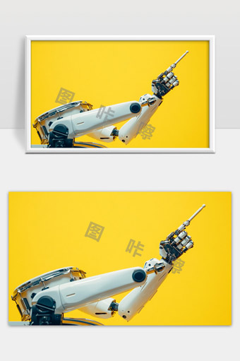 机器人手持鼓槌黄色背景现代科技感音乐演奏机械臂