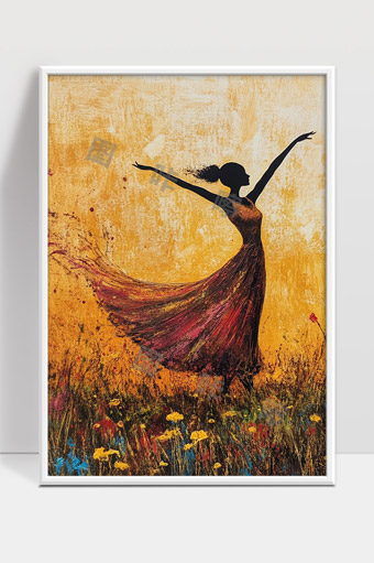 夕阳下舞动的少女与自然花海的唯美画面