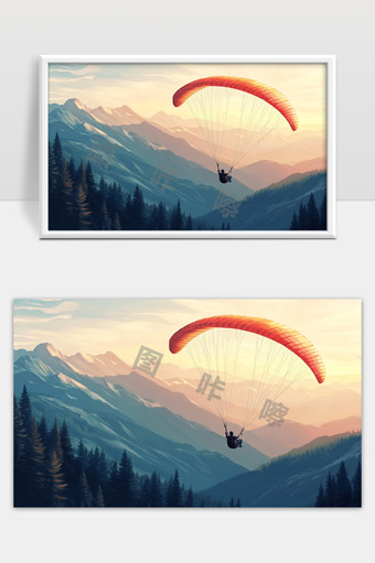 夕阳下山间滑翔伞自由飞翔美丽自然风光