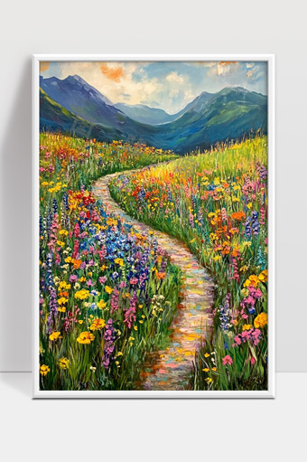 远山花海蜿蜒小径美丽自然风光油画