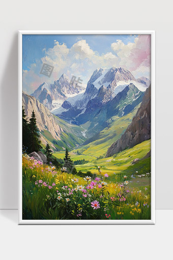 春日雪山花海风光自然美景山谷风情画