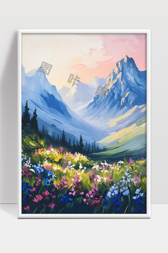 春日山谷绚丽野花与巍峨雪山自然风光画