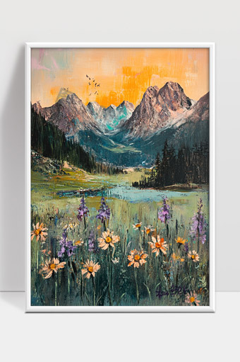 壮丽山谷中的春日野花与远山风光