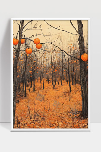 秋季森林中悬挂的南瓜与落叶铺满的林间小径