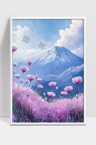 雪山下绽放的粉色花海梦幻自然风光