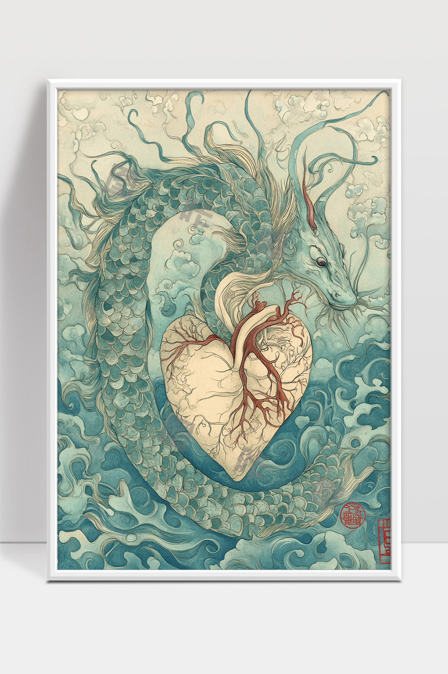 神秘东方龙守护生命之心海洋中的幻想艺术