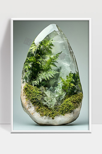 水晶内蕴含绿色苔藓与蕨类植物自然之美
