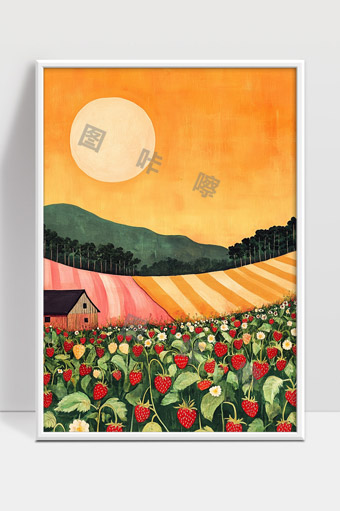 夕阳下草莓田与小屋的乡村田园风光