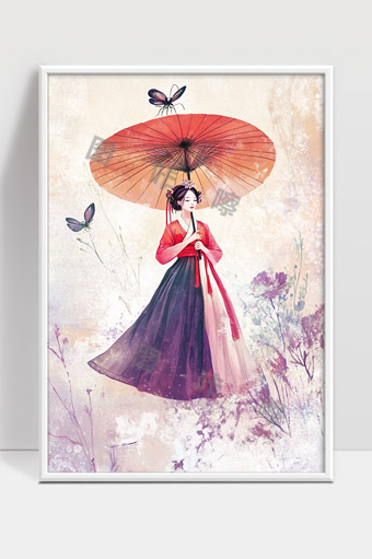 优雅古风女子撑伞翩翩起舞花间蝶影翩翩