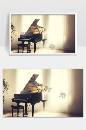 阳光洒落下优雅的黑色三角钢琴室内静谧场景