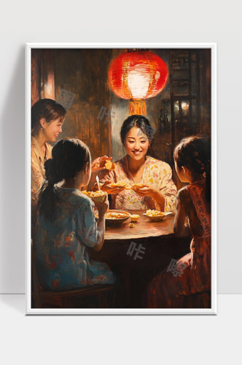 温馨家庭团聚中秋节灯笼下欢聚一堂赏月共享美食