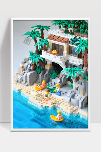 乐高海边别墅与热带椰树清凉夏季度假风景
