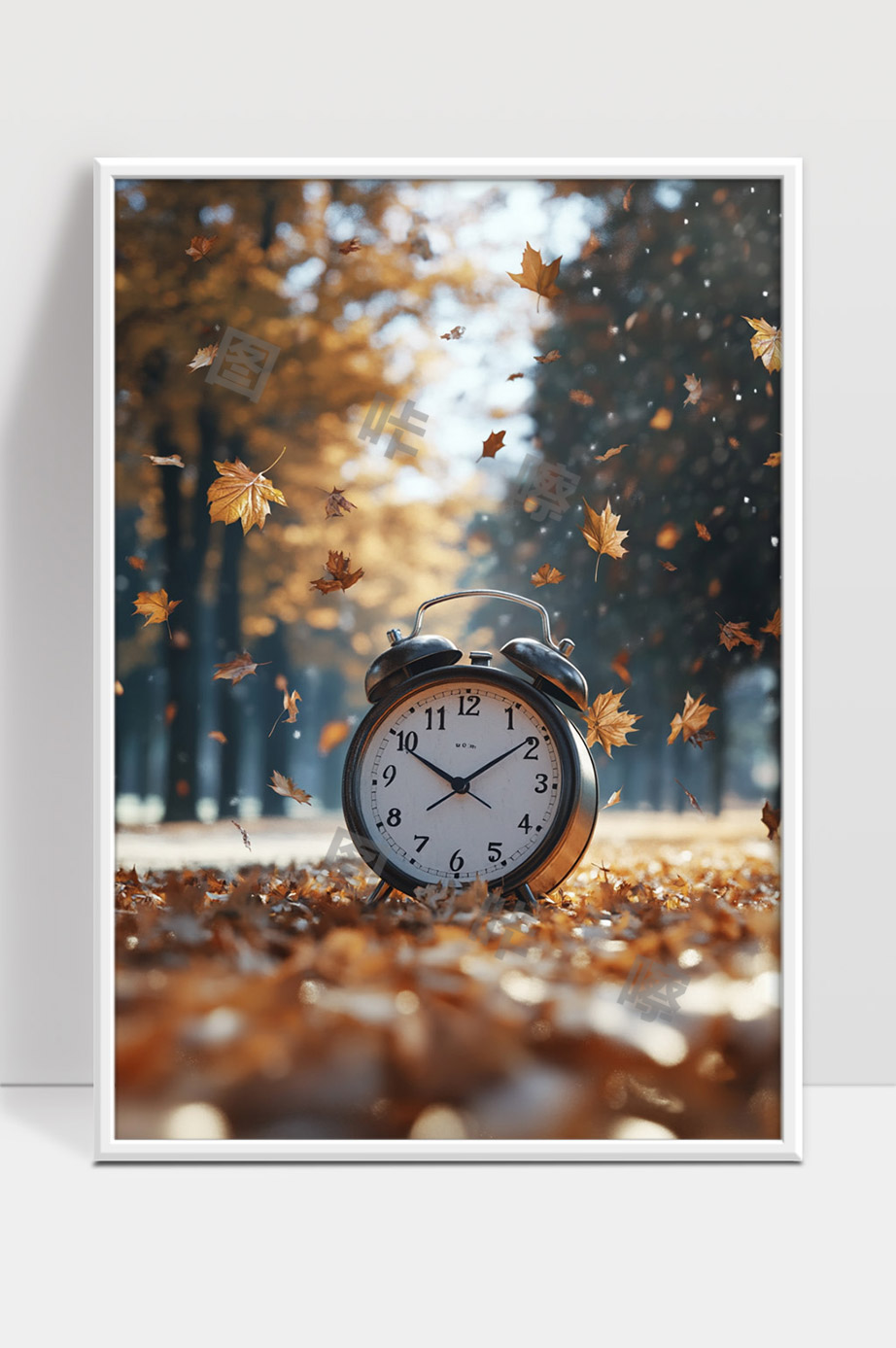 秋天落叶中静止的复古闹钟时间流逝的象征