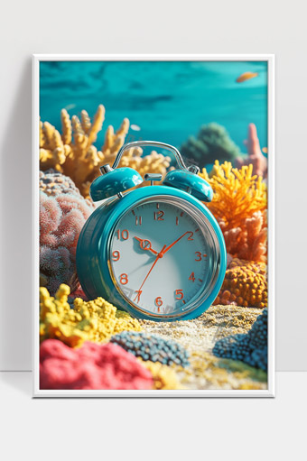 海底珊瑚丛中的蓝色闹钟时间静止梦幻场景