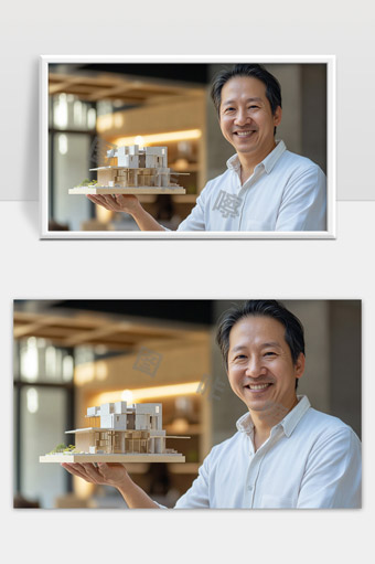 微笑男士展示现代建筑模型设计创新与专业精神