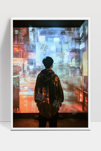 未来城市数字空间中沉思的青年背影