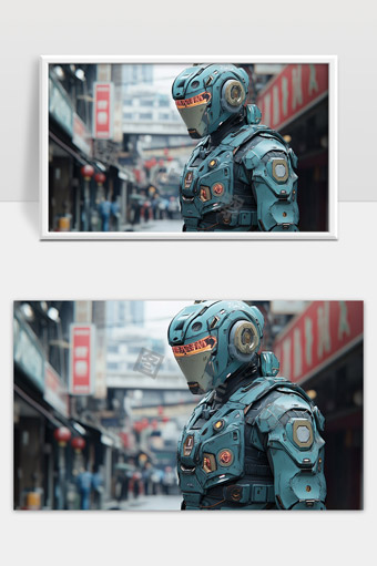 未来都市中全副武装的高科技战斗机器人形象