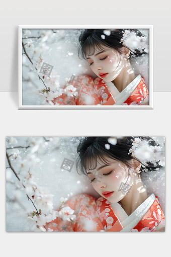 樱花纷飞中身穿和服少女恬静梦境之美