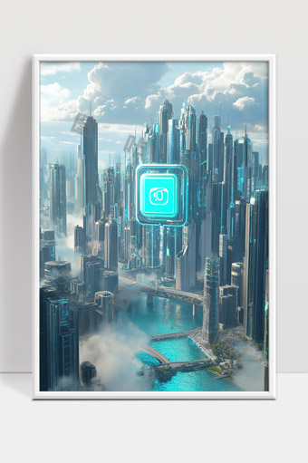 未来城市高科技智能建筑与水域景观融合画面