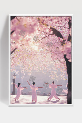 春日樱花下的人们优雅舞姿与自然和谐共融
