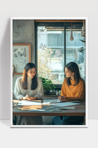 室内阳光洒落下两位年轻女性专注讨论工作学习