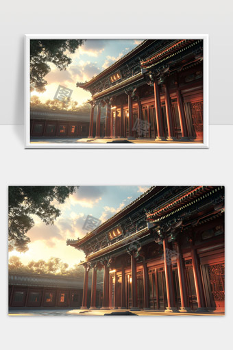 古代宫殿建筑夕阳映照典雅红柱与雕花屋檐