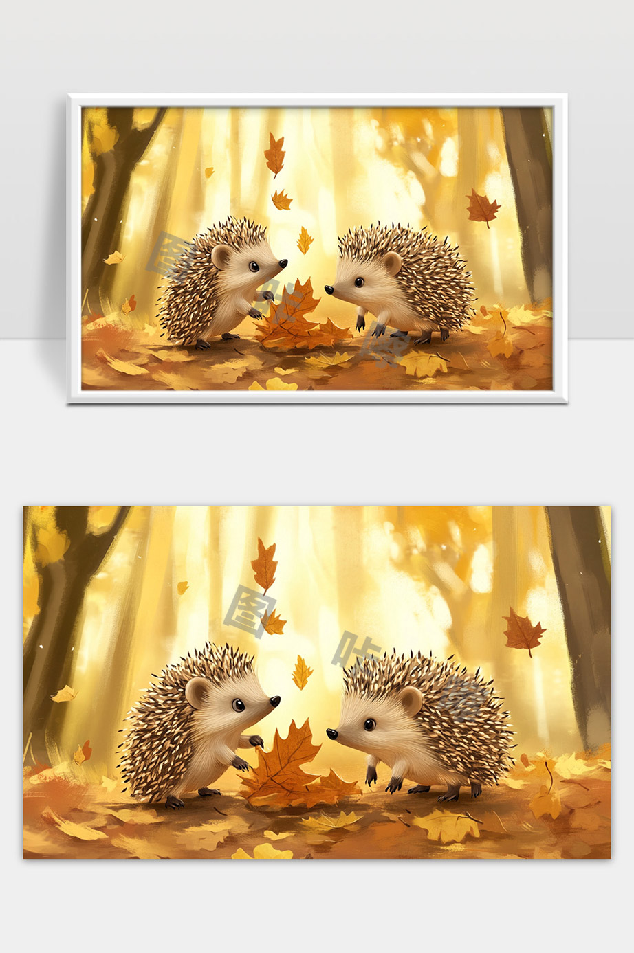 秋天森林中两只刺猬嬉戏落叶温馨场景