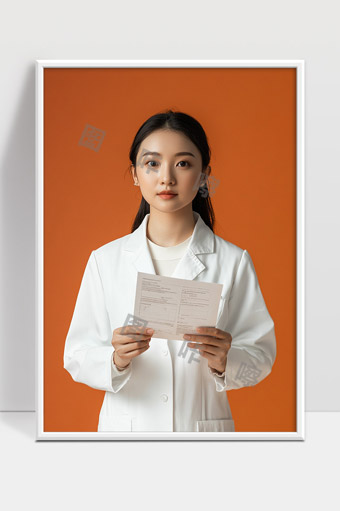 穿着白大褂手持文件的年轻女性医生肖像照