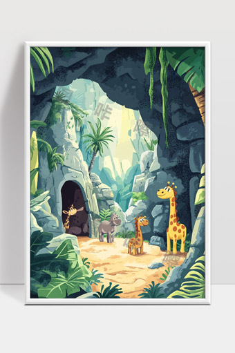 热带雨林深处岩洞里的长颈鹿和小动物奇幻世界