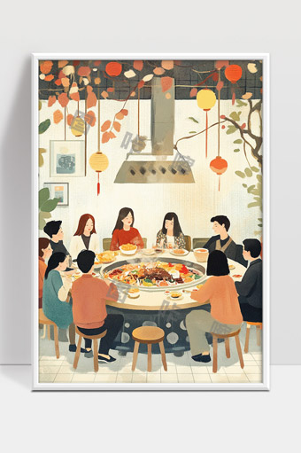 温馨家庭聚餐围坐圆桌共享美食时光