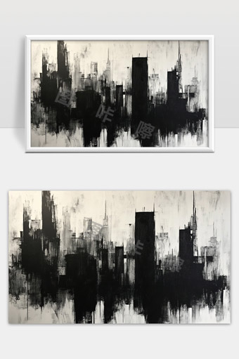 黑白抽象城市剪影现代艺术画作