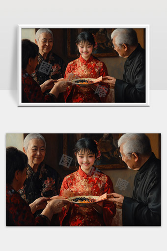 传统新年家庭团圆年轻女孩穿红色旗袍与长辈共庆佳节