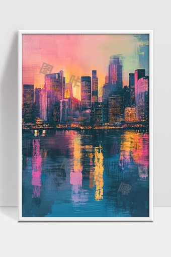 夕阳映照下的现代城市水景抽象风格画作