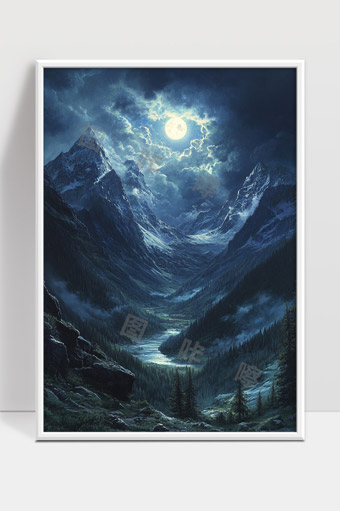 皎洁月光照耀下的神秘幽深雪山峡谷夜景