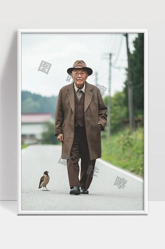乡村老人优雅漫步遇见小鸟温馨画面