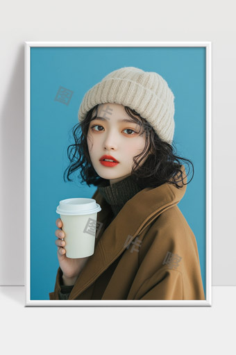 冬季时尚女孩戴针织帽手捧咖啡杯温暖写真