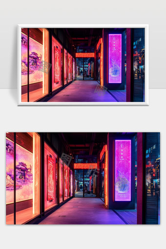 夜晚城市灯光艺术廊道现代都市霓虹光影展示