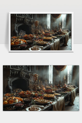 中世纪古堡豪华盛宴丰富美食大餐场景