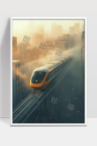 城市晨雾中现代高速列车穿行轨道的景象