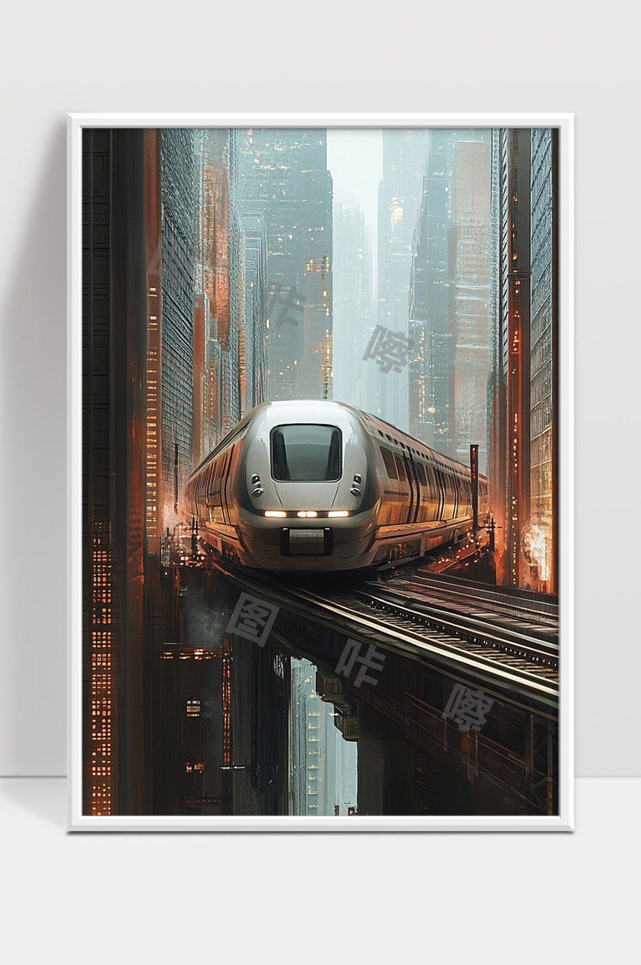 未来城市高架轨道上的高速列车穿行景象