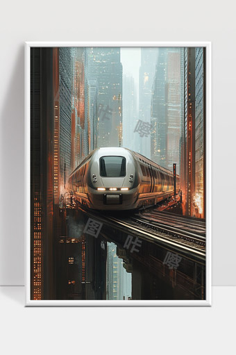 未来城市高架轨道上的高速列车穿行景象