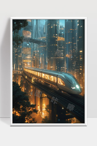 未来城市夜景中的高速磁悬浮列车穿行轨道