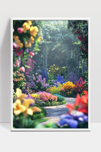 春日花园多彩鲜花步道光影交织美景