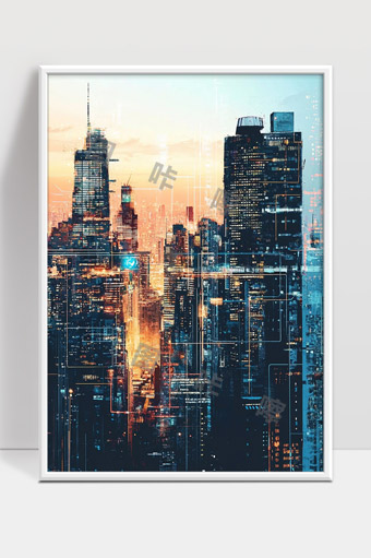 现代都市夕阳下高楼林立的未来城市景观