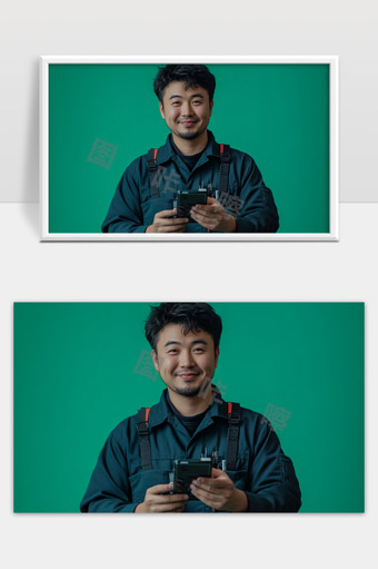 微笑男士穿工作服手持工具设备正面肖像