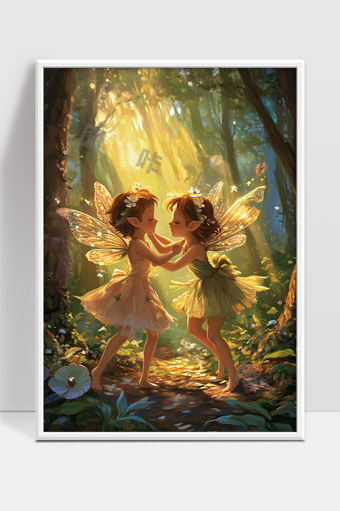 森林中阳光洒落下的童话精灵翩翩起舞画面