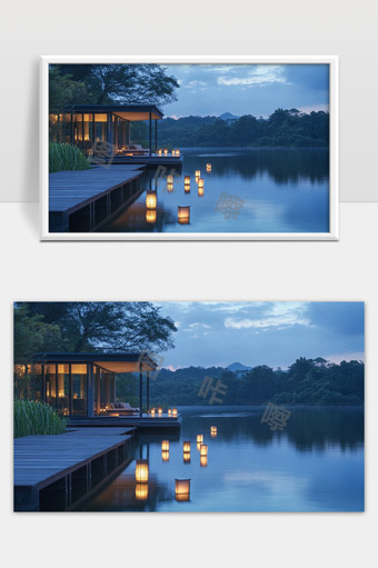 静谧湖畔现代木屋与温馨灯光营造夜晚宁静氛围