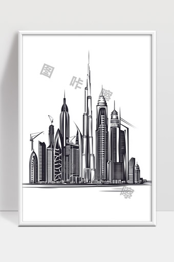 现代城市高楼建筑艺术素描现代都市天际线剪影设计